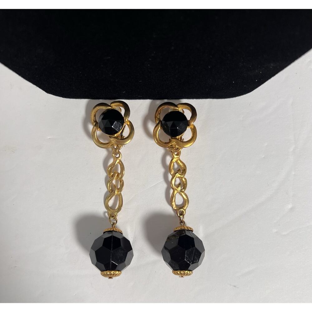 Vtg Black Faceted Crystal Beaded Dangle Clip On Earrings Elegant Statement 3.5”L